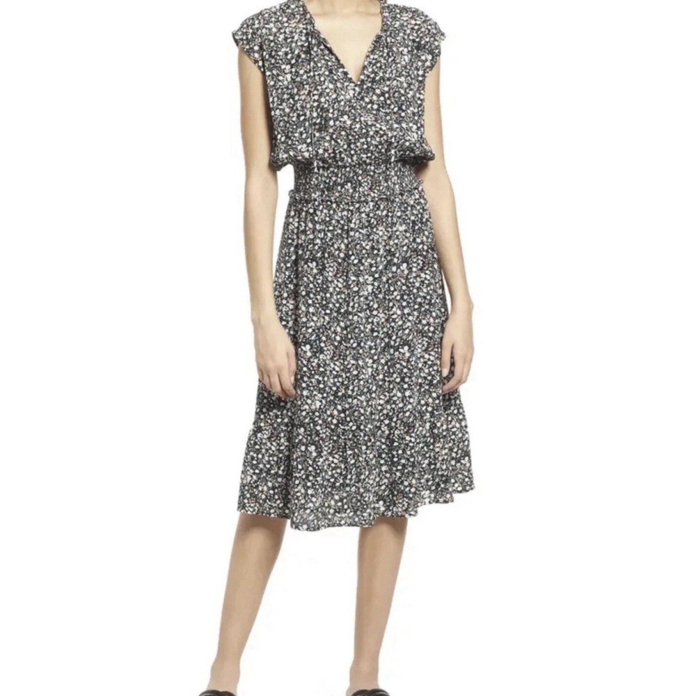 Rails Ashlyn Smocked Waist Ditzy Floral Midi Dress Black White SZ XS Breezy EUC